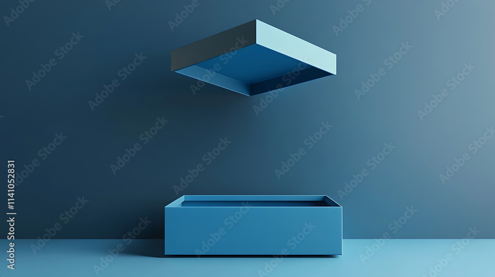 Poster elegant blue gift box with its lid floating above, revealing the empty space inside