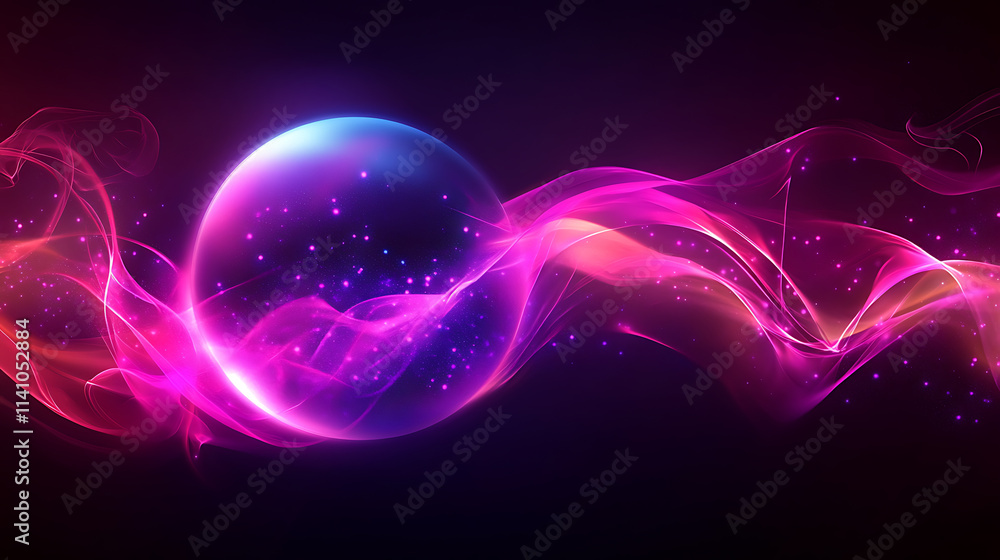 Leinwandbilder abstract neon energy sphere of particles and waves of magical glowing on a dark background, circle a