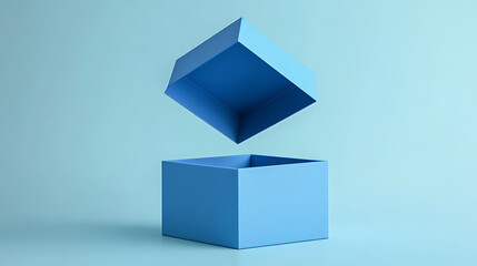 Fototapeta premium Elegant blue gift box with its lid floating above, revealing the empty space inside