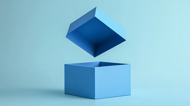 Elegant blue gift box with its lid floating above, revealing the empty space inside