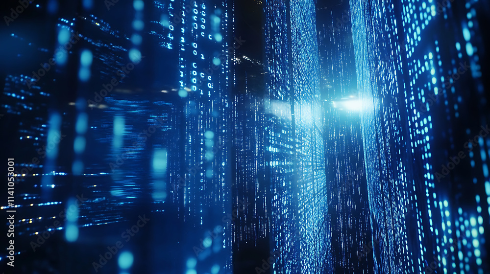Poster Blue binary background, computer language matrix, multiple exposure photo of led screen displaying information codes