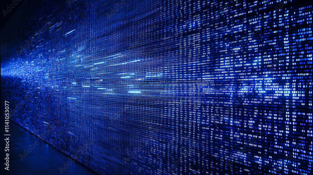 Poster Blue binary background, computer language matrix, multiple exposure photo of led screen displaying information codes