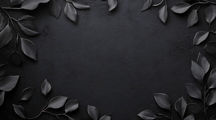 Elegant funeral condolences background featuring a dark, textured surface framed by delicate black leaves for a somber and respectful appearance