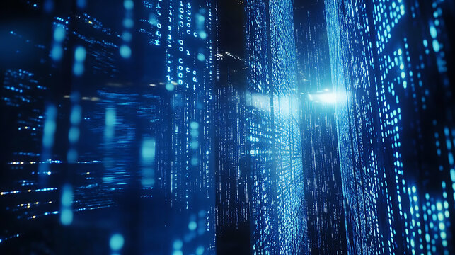 Blue binary background, computer language matrix, multiple exposure photo of led screen displaying information codes