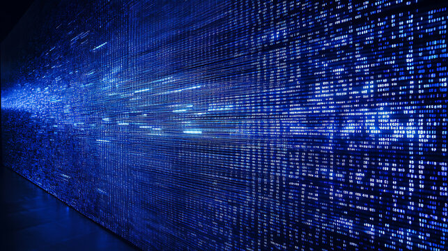 Blue binary background, computer language matrix, multiple exposure photo of led screen displaying information codes