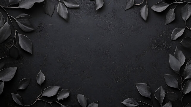 Elegant funeral condolences background featuring a dark, textured surface framed by delicate black leaves for a somber and respectful appearance