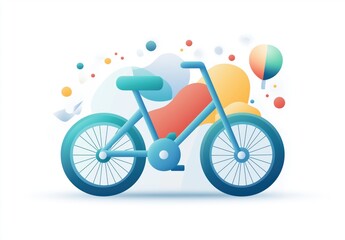 Whimsical blue bicycle with colorful abstract shapes and balloons in minimalist style art illustration