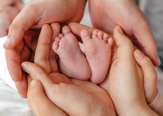 A newborn baby's feet in mom s hands close-up. High quality photo