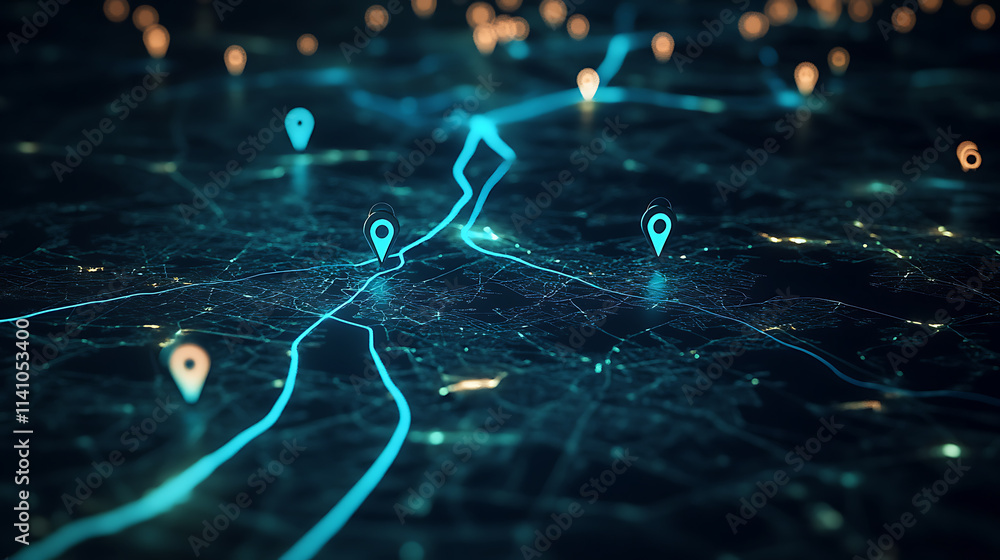 Poster blue glowing location pins on map with dynamic path lines connecting them against dark background