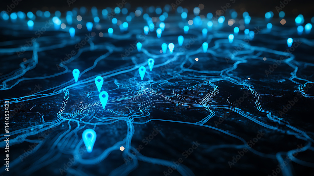 Poster blue glowing location pins on map with dynamic path lines connecting them against dark background