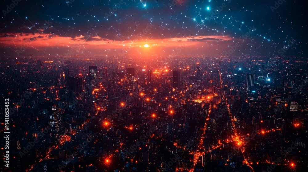 Poster edge computing demonstration in urban skyline at sunset showcasing data processing efficiency