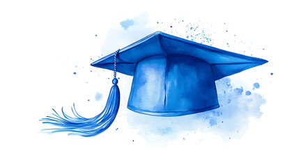 Blue graduation cap with tassel on white background, watercolor