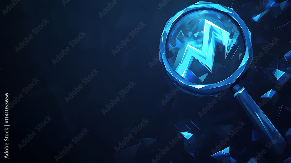 Aufkleber blue magnifying glass with graph and arrow up, in a low poly style on a dark blue background for bus