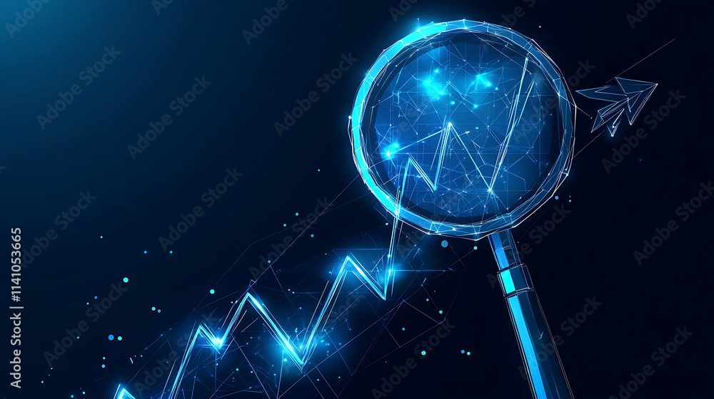 Poster blue magnifying glass with graph and arrow up, in a low poly style on a dark blue background for bus