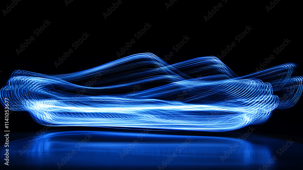 Poster Blue light streaks on a black background with glowing horizontal lines in a high speed motion blur effect