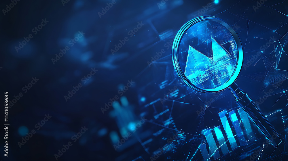 Aufkleber blue magnifying glass with graph and arrow up, in a low poly style on a dark blue background for bus