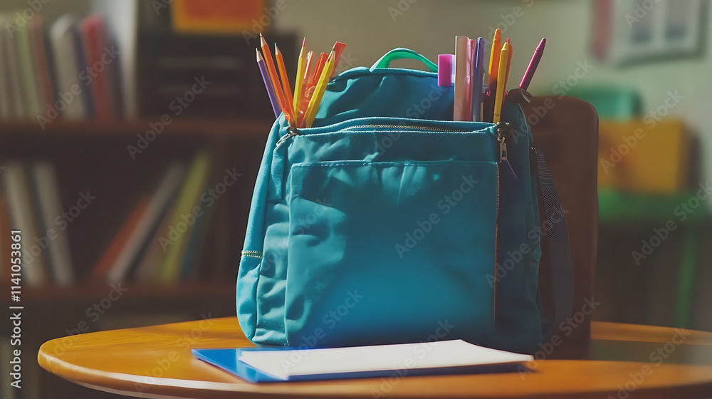 Poster blue school backpack full of colorful stationery lying on a table with a notebook saying back to sch