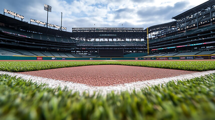 Empty baseball stadium with green grass, home plate line in center of frame