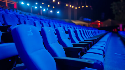 Fototapeta premium Blue seats in an outdoor stadium, rows of seats, advertising photography