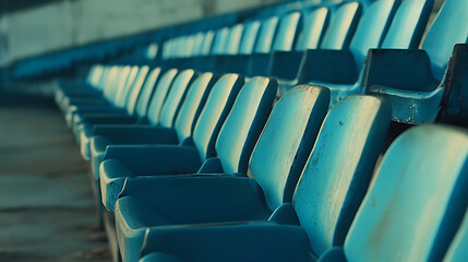 Obraz premium Blue seats in an outdoor stadium, rows of seats, advertising photography