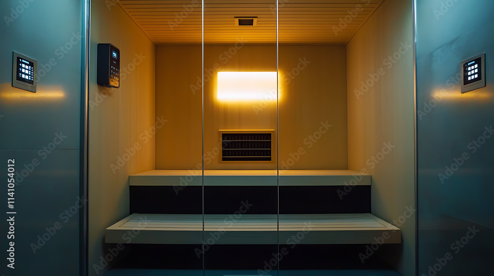 Poster Empty infrared sauna with illuminated control panel displaying temperature settings
