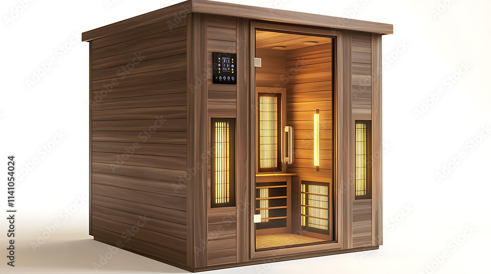 Poster Empty infrared sauna with illuminated control panel displaying temperature settings