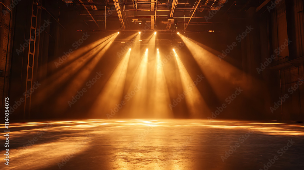 Poster empty large stage with dramatic lighting effect, epic shining down in center