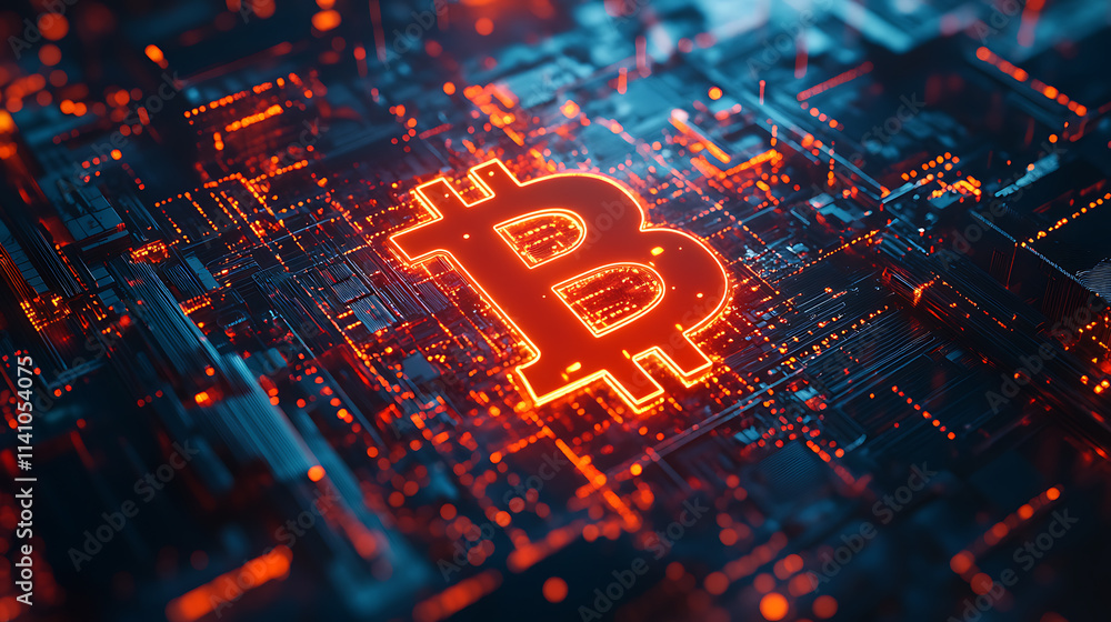 Aufkleber abstract visualization of cryptocurrency surge: bitcoin symbol illuminated by lightning strike, indi