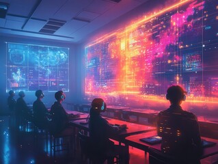 A bright classroom where teachers collaborate on glowing VR learning tools, students observing attentively