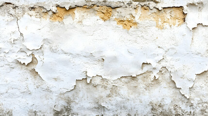 Obraz premium Weathered white wall texture with peeling paint and exposed patches of yellow.