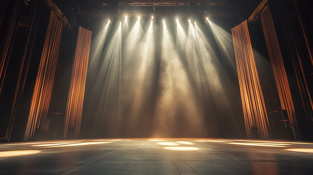 Empty large stage with dramatic lighting effect, epic shining down in center