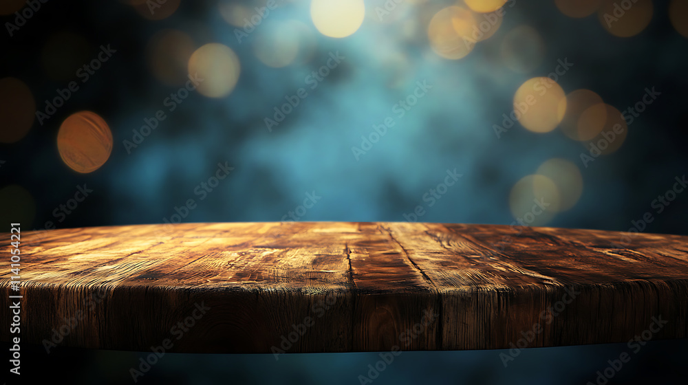 Poster empty rustic wood table and blurred soft light table in restaurant with bokeh background, product di