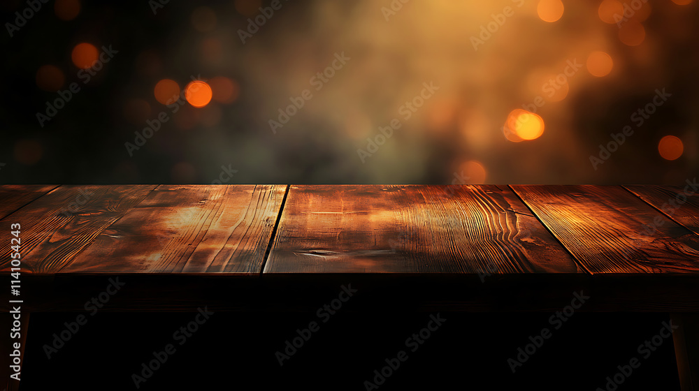 Fototapete empty rustic wood table and blurred soft light table in restaurant with bokeh background, product di