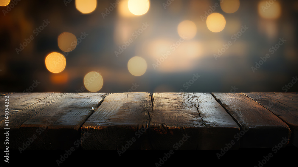 Fototapete empty rustic wood table and blurred soft light table in restaurant with bokeh background, product di