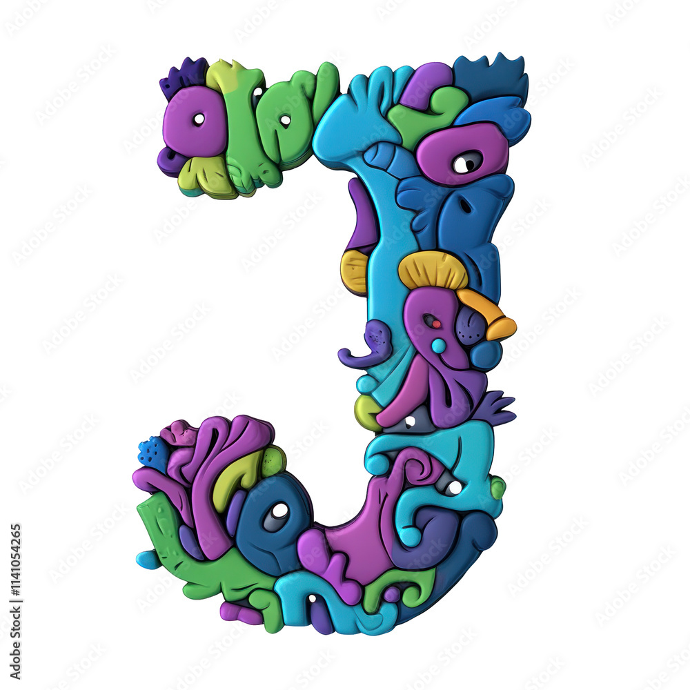 Poster colorful 3d letter j made from abstract shapes and patterns.