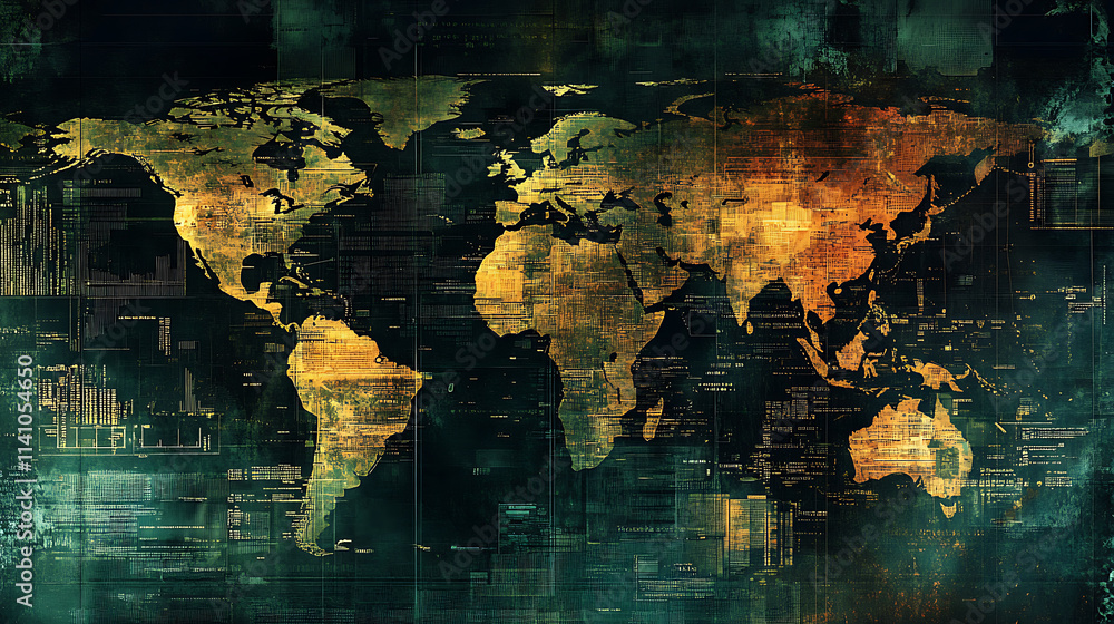 Aufkleber abstract world map with financial data overlay technical background