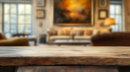 Fototapeta premium A close up of a rustic empty wooden table with blurred barbershop background