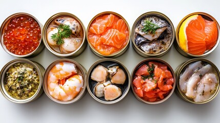 Open Cans of Seafood Arranged on White Background