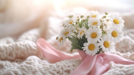 Delicate Daisies Resting on Soft Knitted Fabric