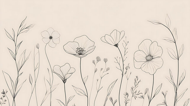 Botanical line art poster, delicate flowers and leaves on a beige background