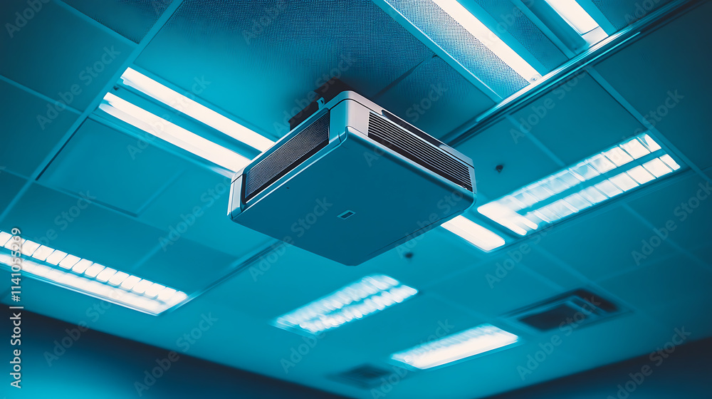 Poster excellent 4k projector mounted in the conference room ceiling with ample copy space, projector durin