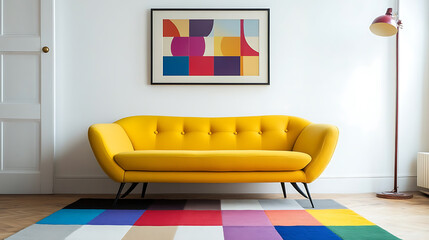 Boucle curved sofa on colorful rug near white wall with vibrant multicolored frame, scandinavian interior design of modern living room