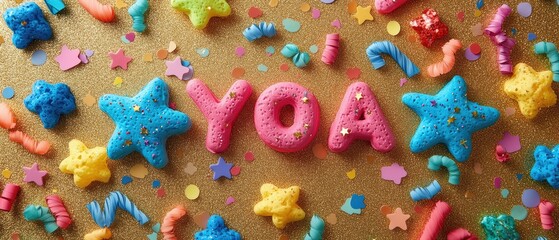 Colorful, playful letters and shapes arranged on a glittery surface, evoking a festive mood.