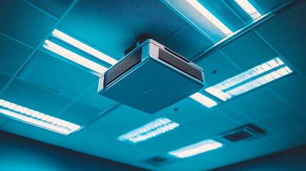 Excellent 4k projector mounted in the conference room ceiling with ample copy space, projector during a lecture or business conference, for training centers and offices