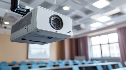 Excellent 4k projector mounted in the conference room ceiling with ample copy space, projector during a lecture or business conference, for training centers and offices