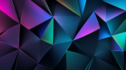 Neon abstract background with colorful triangular shapes in blue, purple and green tones