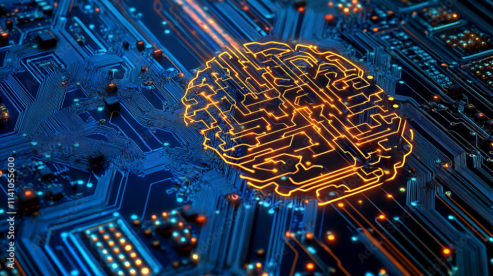 Poster Brain made of glowing connections on blue background, artificial intelligence concept design with neural network and big data technology