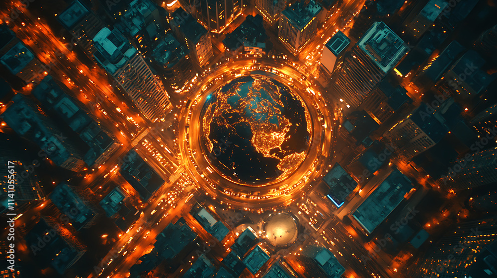 Poster aerial view of earth globe surrounded by multiple highways, traffic lights glowing at night in city 