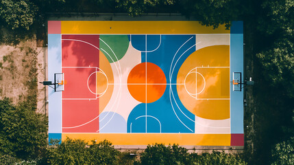 Aerial view of an outdoor basketball court painted with colorful geometric symmetrical patterns