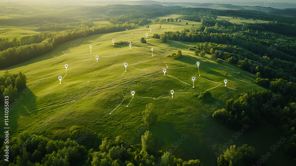Aufkleber aerial view of land with network markers representing land development planning and connectivity